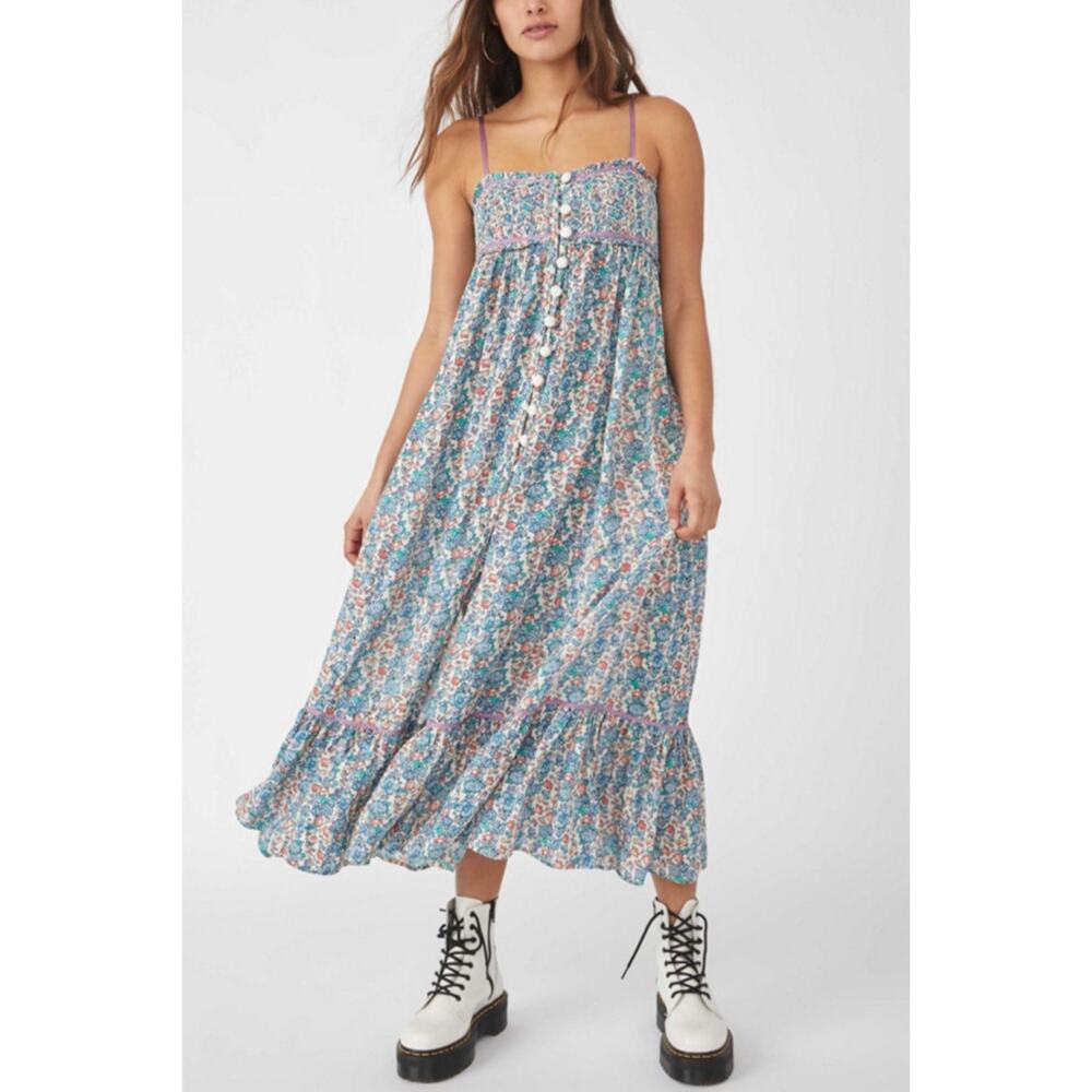 Free People Blue Purple Molly Jo Ditsy Floral Gauzy Boho Maxi Dress Size Medium